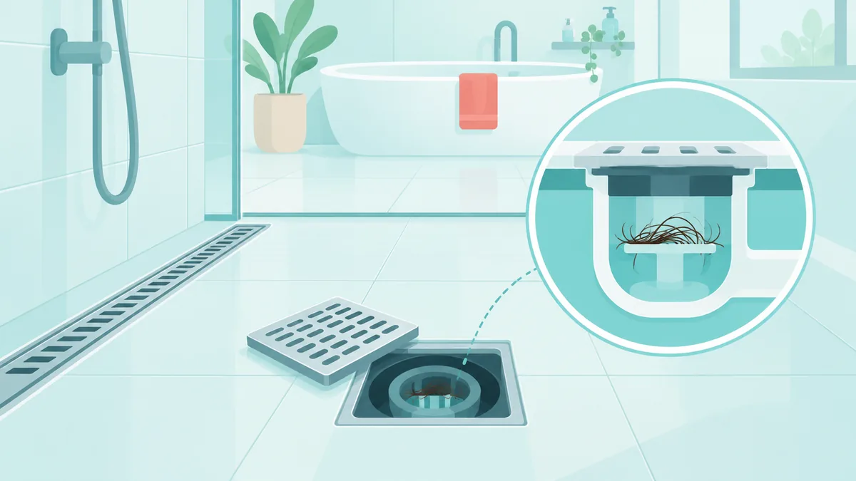 Kaldırılmış ızgarası yanında duran temiz bir banyo yer süzgeci ile eldivenli elde tutulan koku önleyici haznesini gösteren sakin bir çizim.