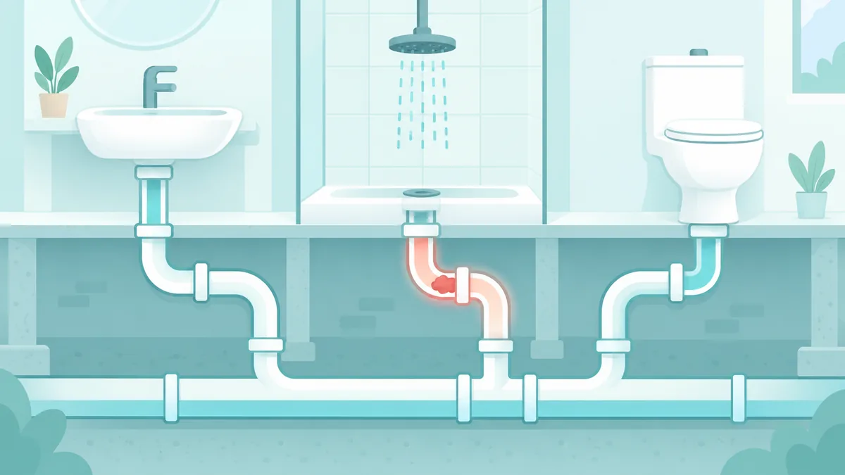 Banyo lavabosunun altında açılmış sifon, yanında bir kova ve pompanın durduğu sakin ve temiz bir çizim.