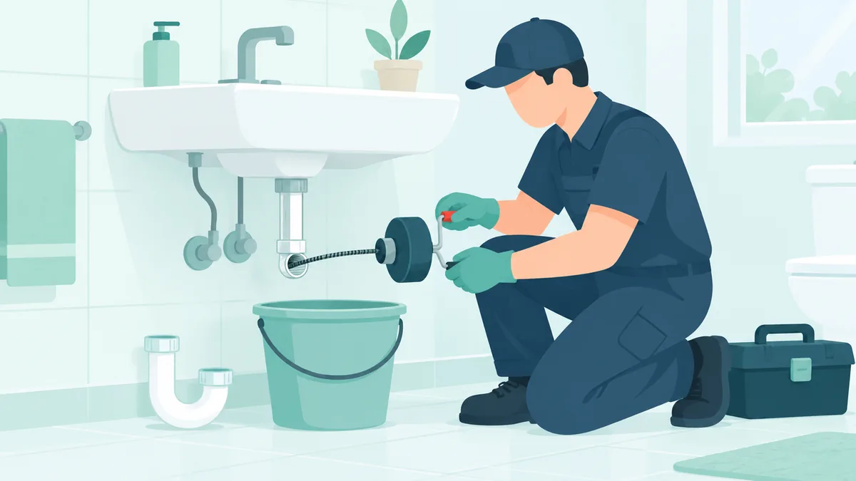 Aydınlık bir banyoda beyaz seramik lavabo, parlak bir musluk ve dolabın içinde düzgünce takılmış bir sifon.