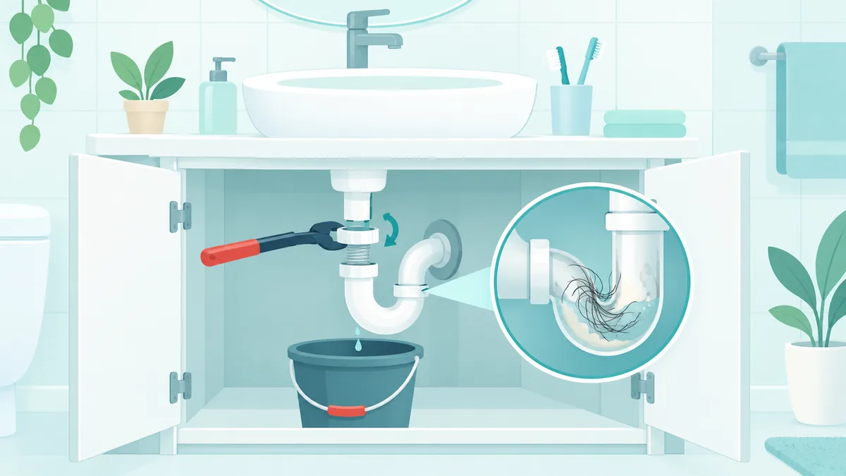 Beyaz bir banyo lavabosunun altında sökülmüş sifon, bir kova ve temiz bir bezin düzenli biçimde durduğu sade ve sakin bir çizim.
