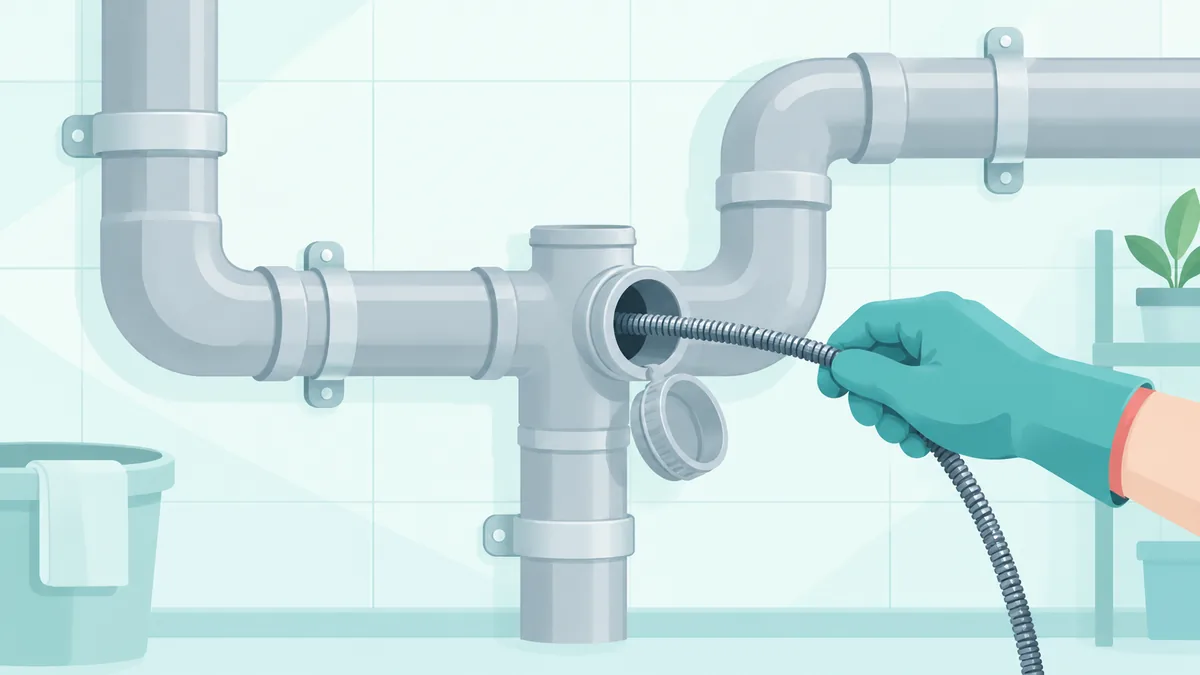 Açık bir lavabo dolabının içinde düzgünce birleştirilmiş gri plastik gider borularını gösteren sade ve aydınlık bir çizim.
